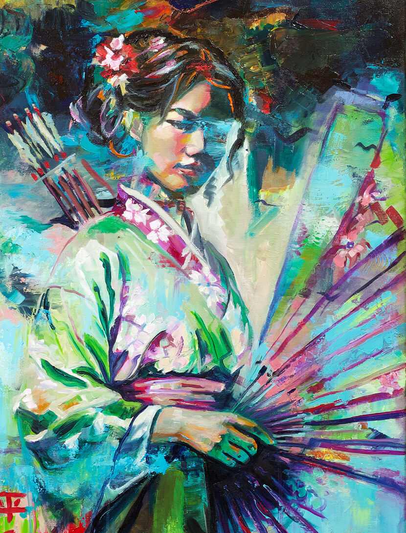Ölgemälde einer asiatischen Frau im Kimono mit Kirschblütenmuster, Fächer und Pfeilköcher, gemalt in kräftigen, leuchtenden Farben; sie blickt selbstbewusst zur Seite – ein Symbol für Frieden, Stärke und Selbstbehauptung.