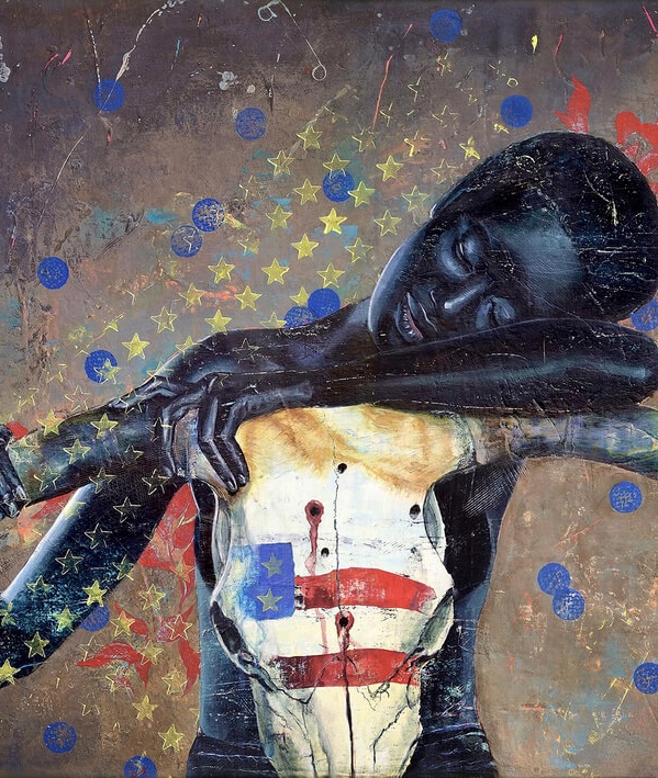 Zeitgenössisches Acrylgemälde 28 Flaggenjäger über EU-Kritik, Machtstrukturen und gesellschaftlichen Kommentar