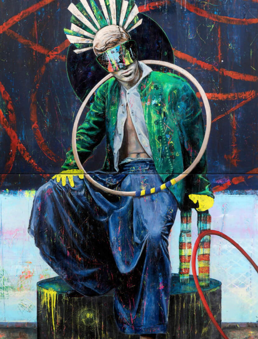 Ein Mann mit futuristischer Sonnenbrille, grünem Jackett und weit geschnittener Hose sitzt auf einem Fass. Acid Smiley.