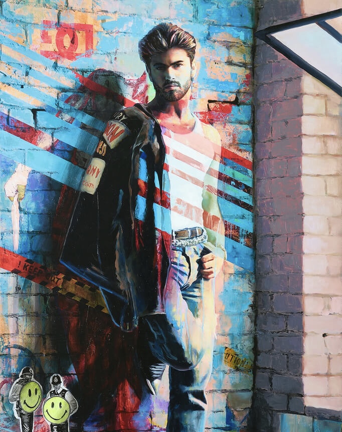 Gemälde: Porträt von George Michael, poppig und farbintensiv, zeitgenössische Hommage in Malerei