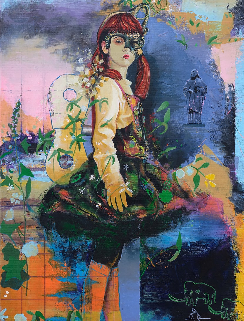 Mädchen mit steampunk Maske und Rock,  im Rücken einen Aufziehschlüssel. Grüne Mammuts werden von Strichmännchen gejagt.