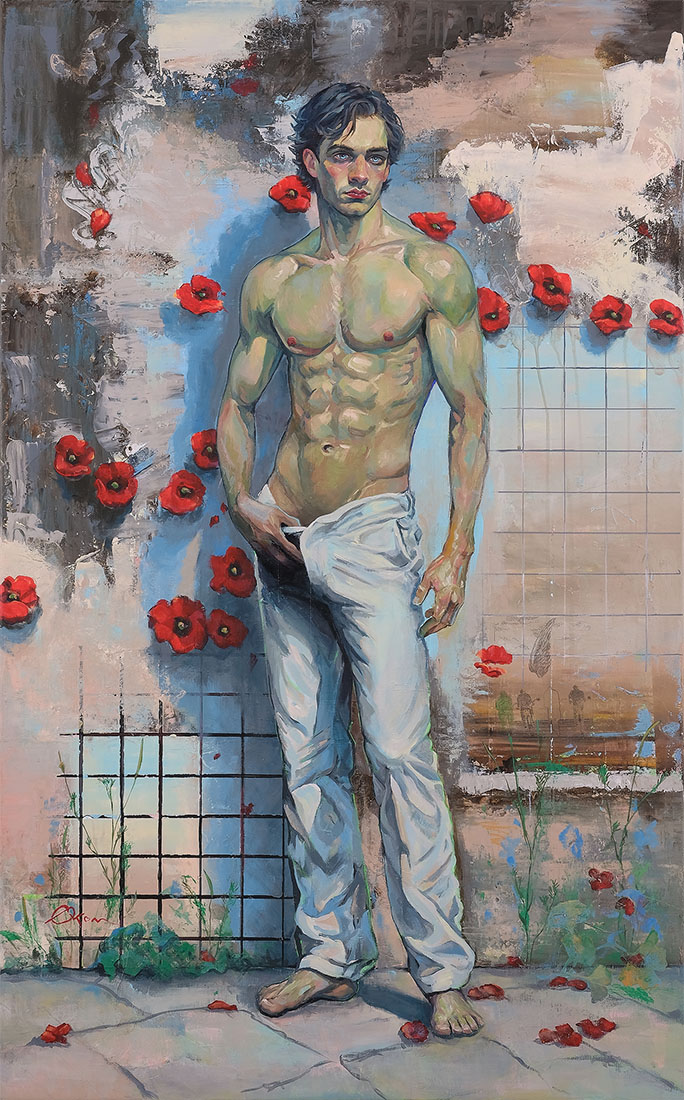 Ein muskulöser, junger Mann in athletischer Körperhaltung. Weiße Hose, Mohnblumen berichten von Verletzlichkeit und Melancholie.