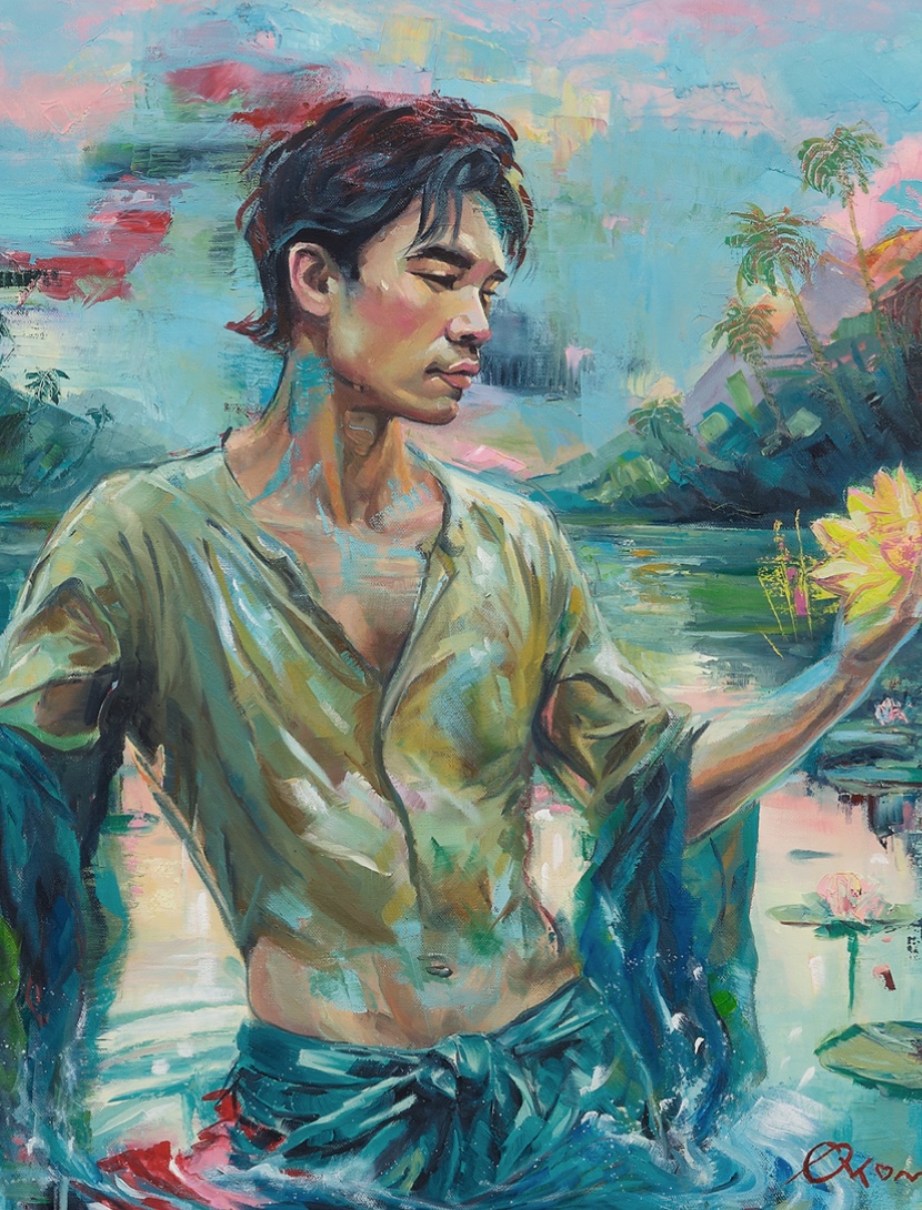 Hawaiianer im Sarong. Er steht im Wasser wie ein Gedicht, das niemand laut liest. Seine Kraft liegt in Aloha – der Haltung.