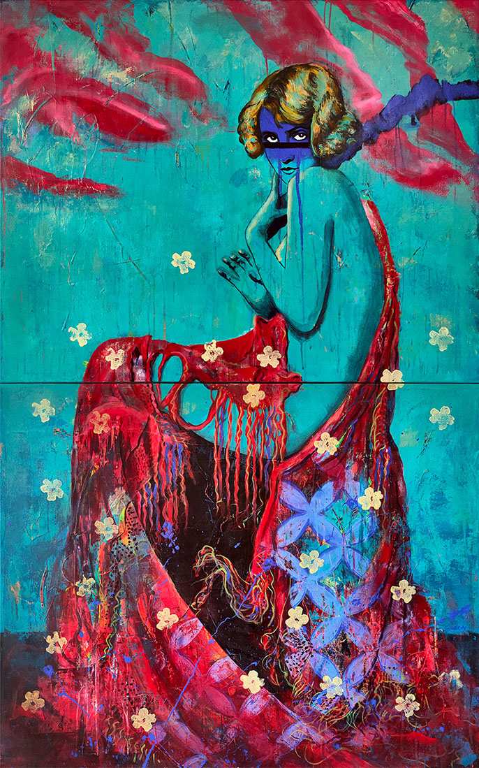 Sitzende Frau mit blauer Haut, goldblondem Haar und rotem Tuch, das sich über den Boden ergießt. Goldene Blüten, rote Wolken und türkisblauer Hintergrund schaffen eine traumhafte, surreale Szene.