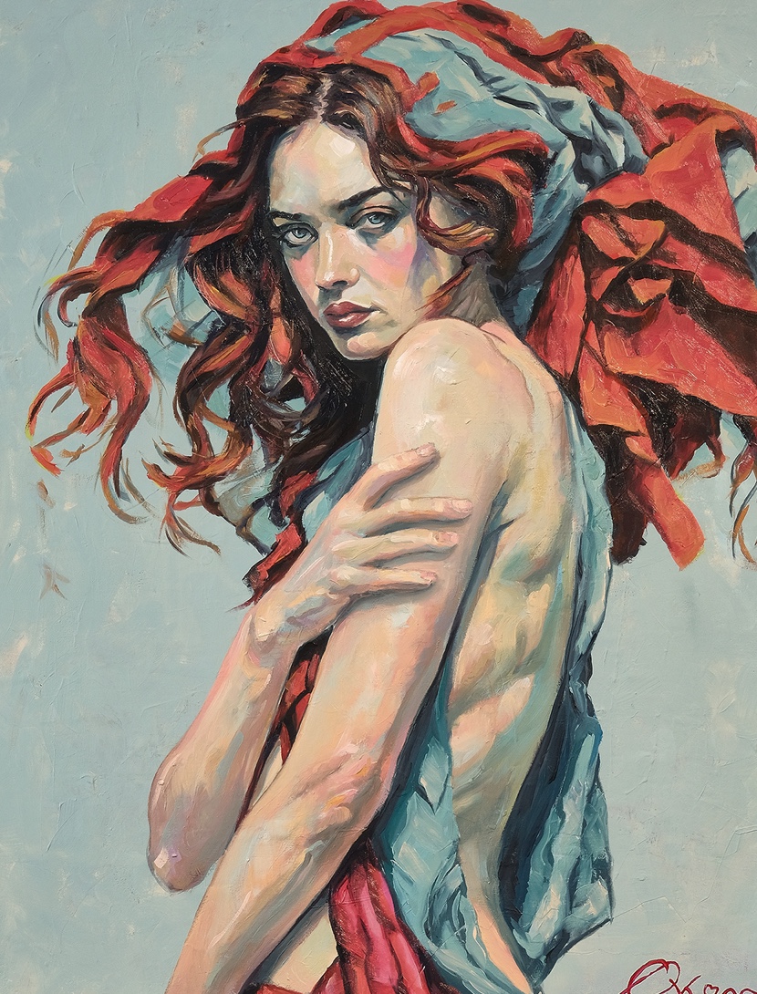 Stolze Frau mit rotem Haar, schützt ihren Körper mit einem Handtuch. Ihr Blick ruft unmissverständlich Finger weg!