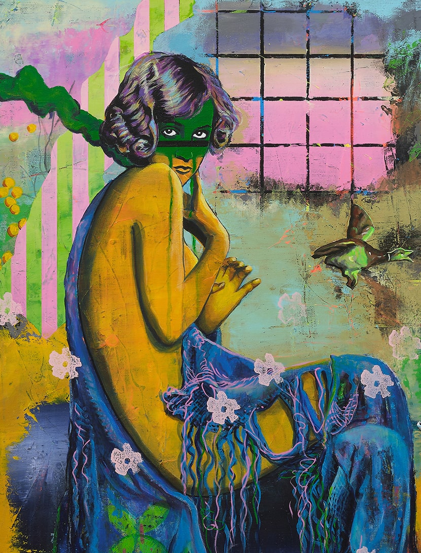 Frau halbnackt und verletzlich, aber stolz und in Art Deco Pose präsentiert. Langes blaues Kleid. Eine Ente zieht davon.