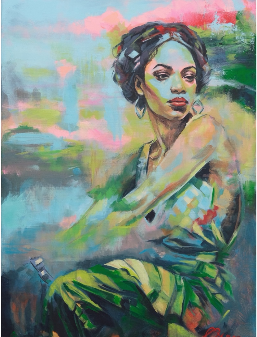 Gemälde einer stolzen schwarzen Frau, sitzend mit ausgestreckten Armen. Das Bild zelebriert Würde, Diversität und stille Stärke.