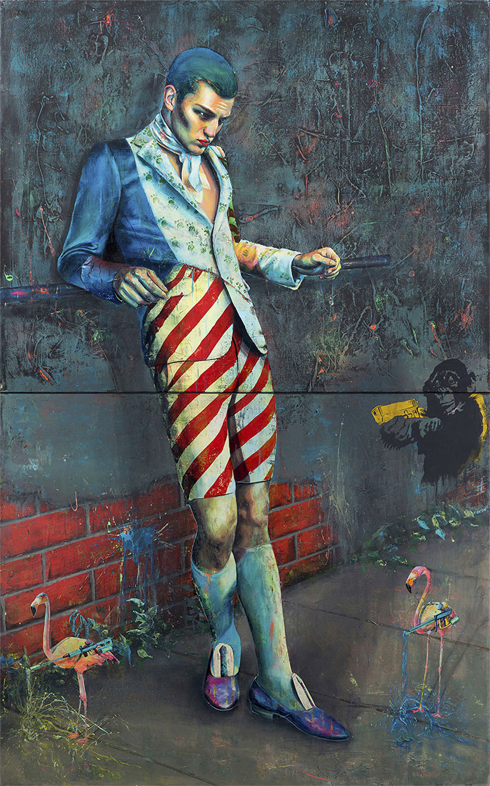 Gemälde: Mann in blauem Jackett und gestreifter Shorts, Flamingos und Graffiti, Mischung aus Pop-Art und Ironie