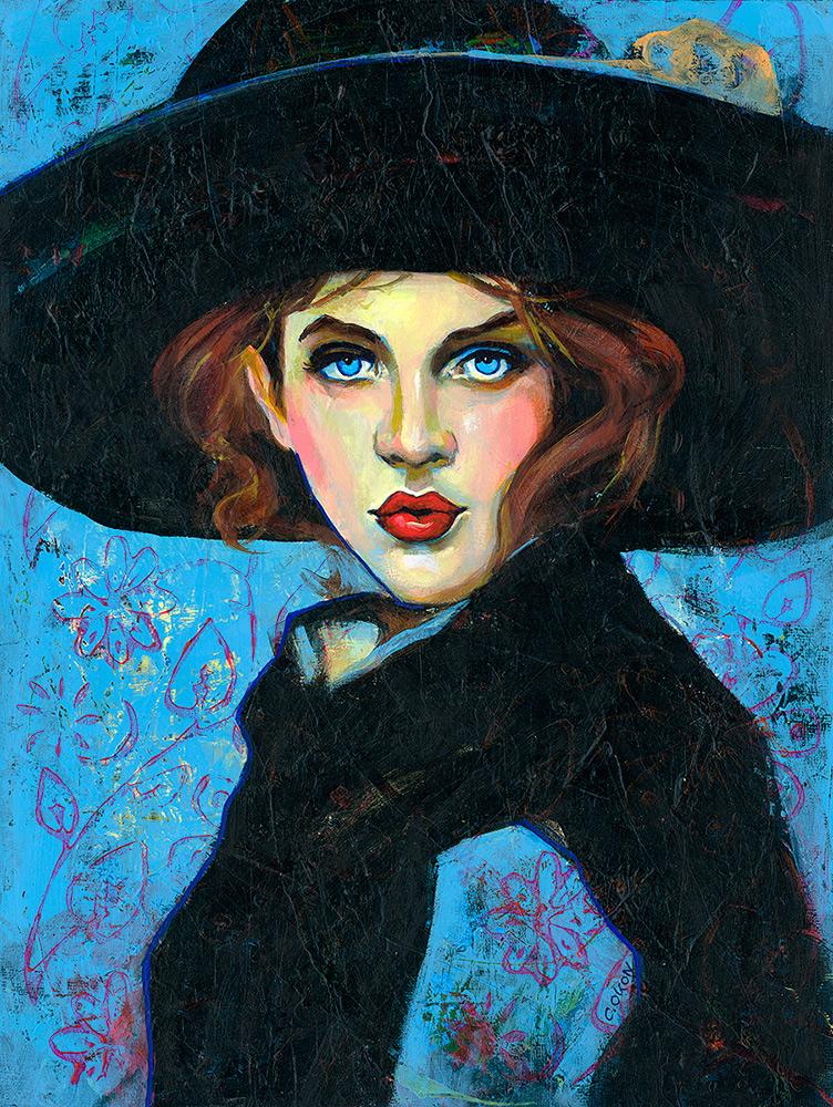 Gemälde einer Frau mit großem schwarzem Hut